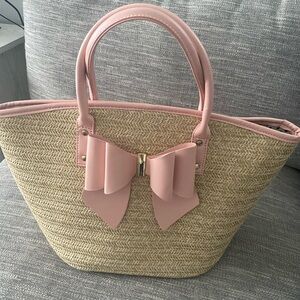 Pink and Tan Straw Tote with Bow